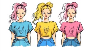 时尚少女多彩T恤穿搭展示