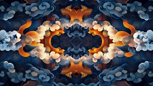 中式祥瑞云狐对称国风图案