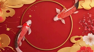 红底双锦鲤贺岁图景