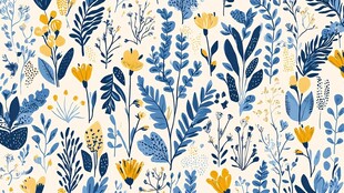 蓝黄花卉植物无缝图案