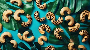 蓝底绿叶上的美味腰果