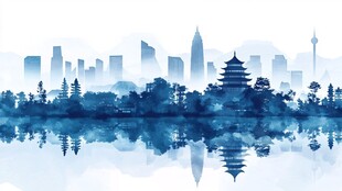 水墨风城市与古典建筑倒影