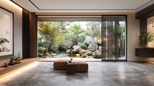 现代中式风客厅与庭院景致