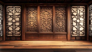 中式雕花木门与木质地板