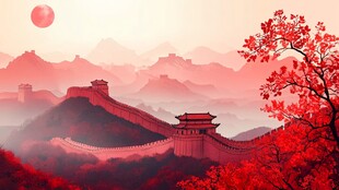 夕阳下的壮丽长城秋景