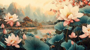 夏日荷塘中式山水美景