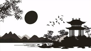 水墨山水间的亭台飞鸟景