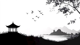 水墨湖畔亭 飞鸟入画境