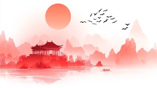 红日映古阁 山水诗意浓