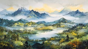 山水绘景 云雾缭绕的山林湖泊