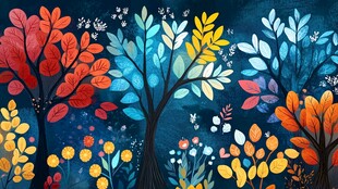 梦幻多彩树木花卉插画