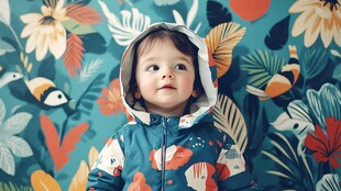 萌娃身着花衣望向上方