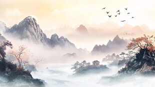 水墨山川飞鸟图