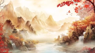 金秋山水诗意风光图