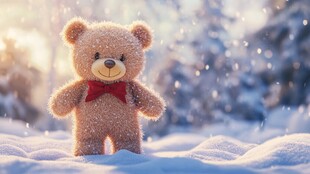 雪地中的可爱小熊玩偶