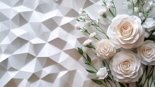 几何背景下的柔美白玫瑰