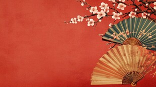 古风红背景下的折扇与花枝