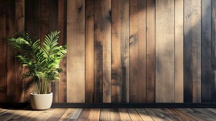 木质墙面旁的绿植盆栽