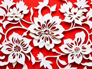 红色背景上的白色剪纸花卉