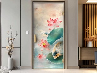 中式荷花锦鲤入户门装饰画