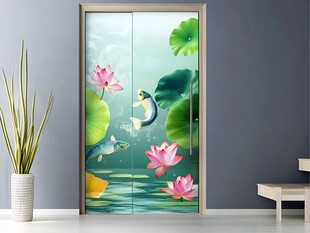 荷间锦鲤移门装饰画