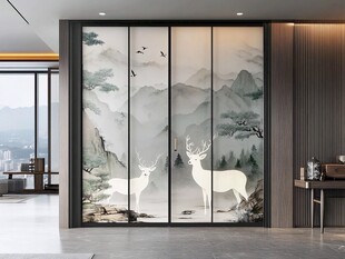中式山水鹿纹屏风隔断