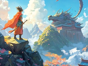 少年持剑对望云端巨龙