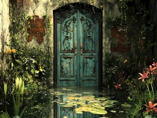 神秘绿门旁的梦幻水生花园