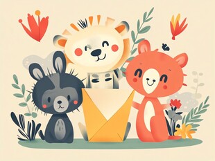 可爱动物围绕黄色信封