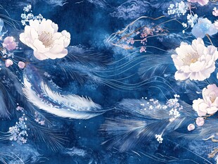 蓝底花卉羽毛梦幻图案