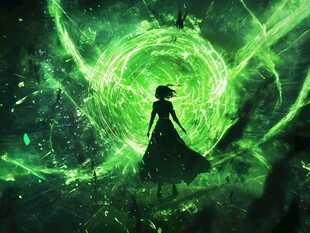 绿光中的神秘少女剪影