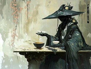 古风侠客独酌于古朴桌前