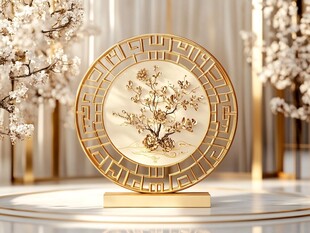 中式金纹梅花装饰盘摆件