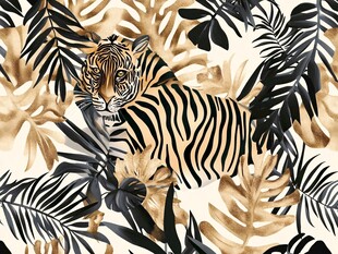 虎隐热带叶间水彩图案