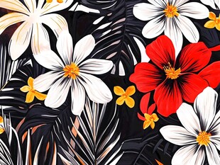 热带花卉黑白风图案设计