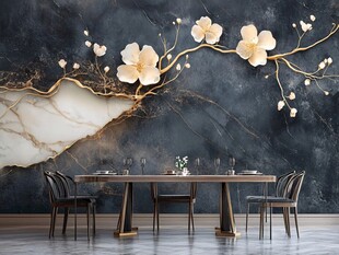 轻奢大理石花朵餐厅背景墙