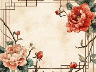 中式牡丹花卉复古边框图