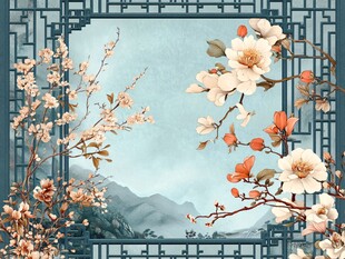 中式花鸟山水边框插画