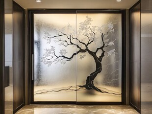 中式玄关处的唯美树影壁画