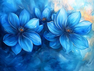 蓝色梦幻花卉油画作品