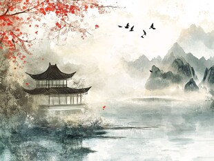 水墨湖畔古亭飞鸟图