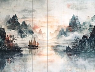 水墨山水间的孤舟美景