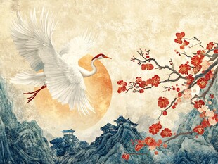 丹鹤映日 红梅伴山川