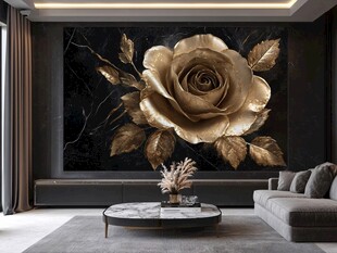 奢华客厅中的金色玫瑰壁画