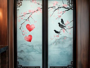 中式屏风上的花鸟爱心图