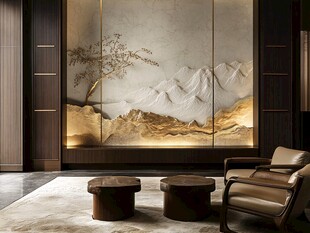 新中式客厅山水背景墙设计