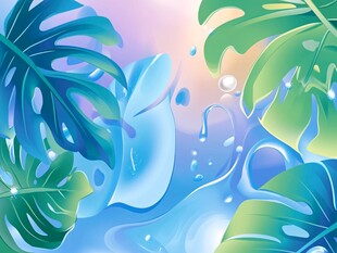 梦幻蓝绿植物水花插画