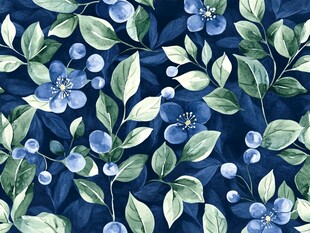 蓝色花卉绿叶水彩图案