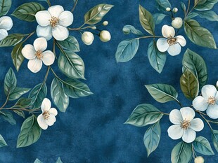蓝底花卉图案水彩风插画