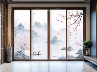 中式山水花鸟移门装饰画